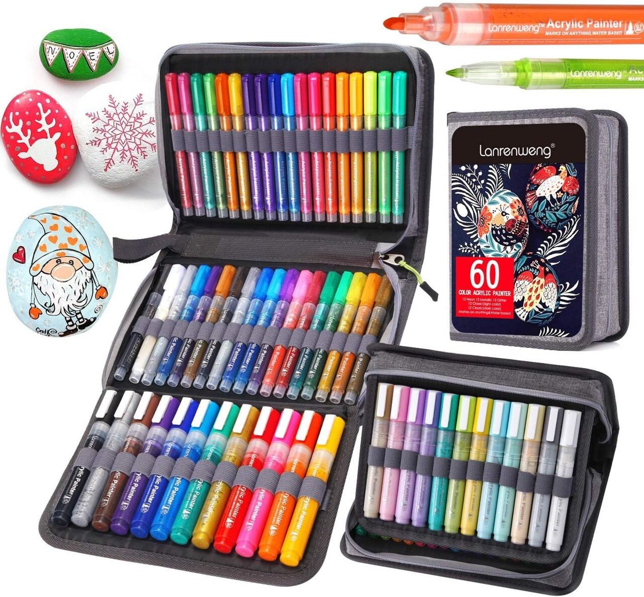 60 Colors Acrylic Paint Markers Premium Acrylic Paint Pens ,Art Markers Pens for Rock Painting, Wood, Canvas, Stone, Glass, Ceramic Surfaces, DIY Crafts Making Art Supplies (Round Tip and Fine Tip)